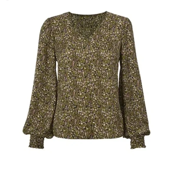 Cabi Chorous v-neck, full sleeve blouse in black, pink, brown floral, L - Picture 2 of 9